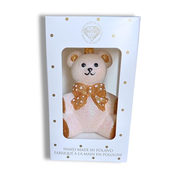 Sparkling White Gold Glass Teddy Bear Christmas Ornament Glittery Heirloom Decor - Picture 6 of 7